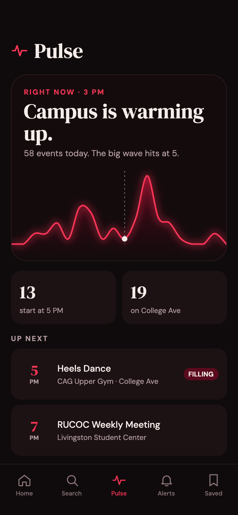 The Pulse screen in PulseU: a scarlet line of today's events by start hour with the current time marked, two counts underneath, and the next two events.